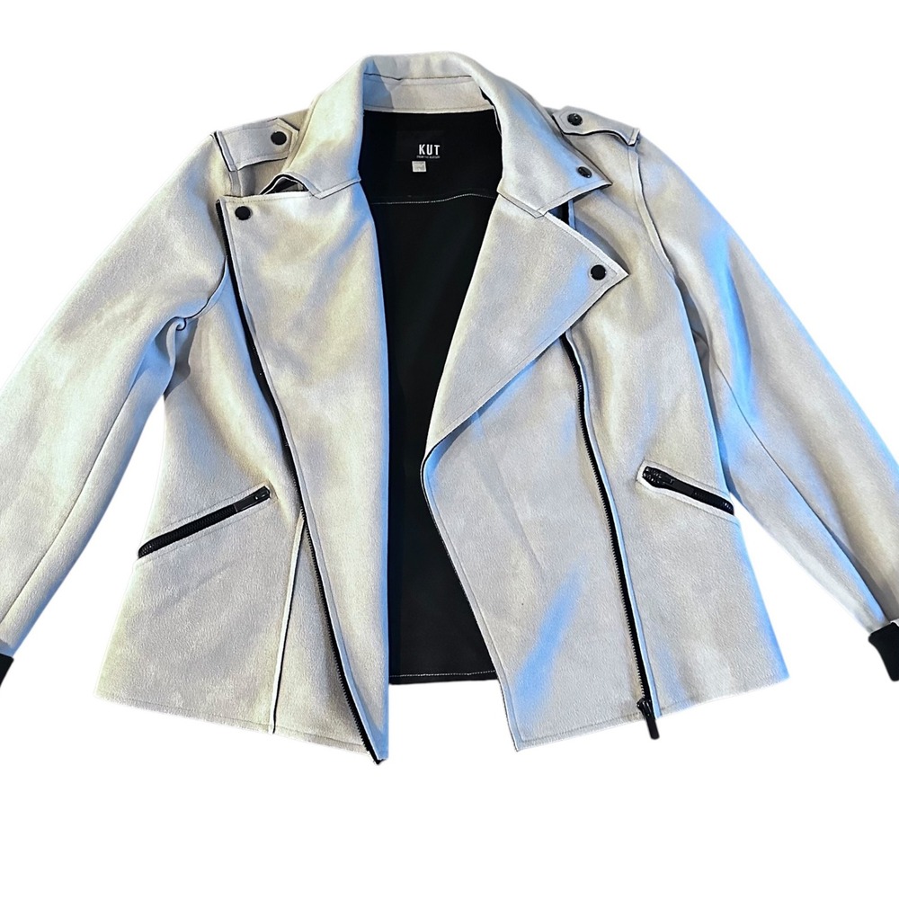 Kut from the Kloth Moto Jacket Women L Grey NWOT Faux Suede Chic Sophisticated